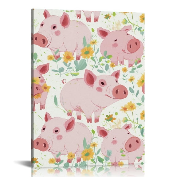 Creowell Pig Flowers Leaves Canvas Prints Wall Art Home Decor Living Room Bathroom Bedroom Office Ready to Hang 12x16in