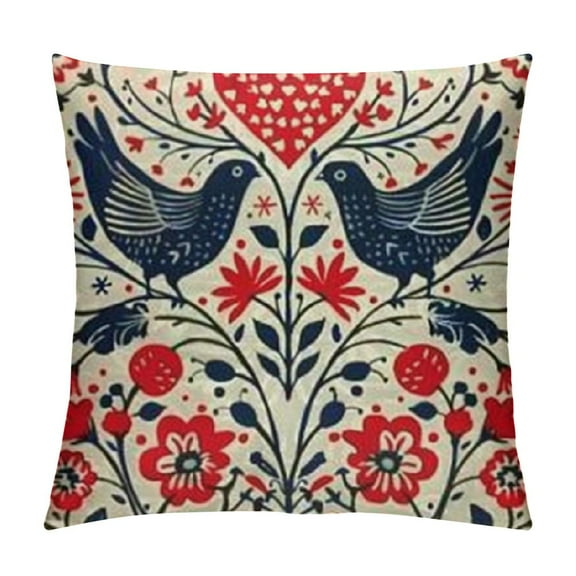 Creowell Pillow Case Danish Heart Scandinavian Red Folk Pattern Birds Retro Holidays Finnish Nature Nordic Rural Farmhouse Decorative Throw Pillows Covers for Fall Decorations White