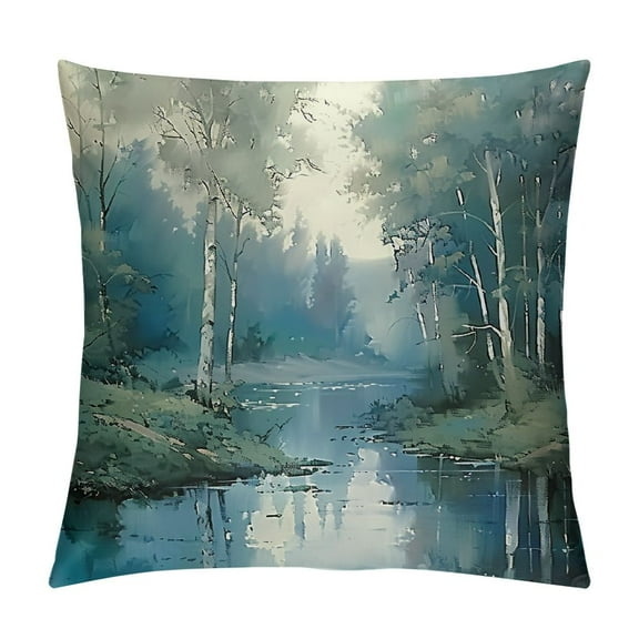 Creowell Pillow Covers Birch Tree Throw Pillows, Blue Landscape Nature Forest Outdoor Pillowcase Teal Mountain River Fall Cushion Case Decor for Home Sofa Couch Bed PC-048 Aesthetic Decorative