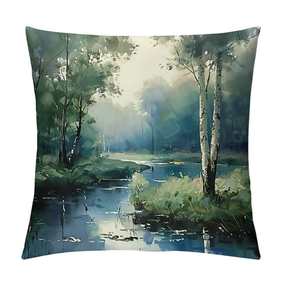 Creowell Pillow Covers Birch Tree Throw Pillows, Blue Landscape Nature Forest Outdoor Pillowcase White