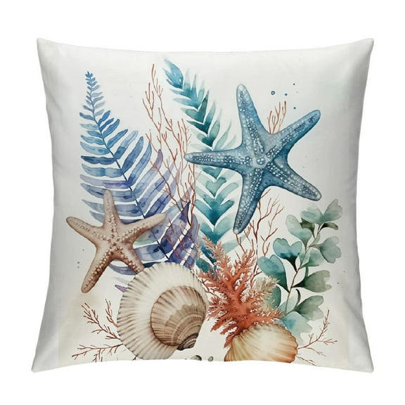 Creowell Pillow Covers Coastal Throw Pillows, Shell Starfish Coral Conch Outdoor Pillowcase Cushion Case Decor for Home Sofa Couch Bed Short Plush (Universal 1) White