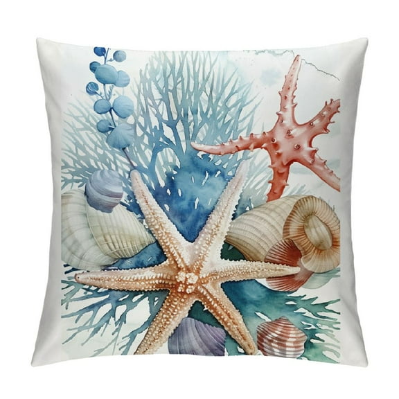 Creowell Pillow Covers Coastal Throw Pillows, Shell Starfish Coral Conch Outdoor Pillowcase Cushion Case Decor for Home Sofa Couch Bed White