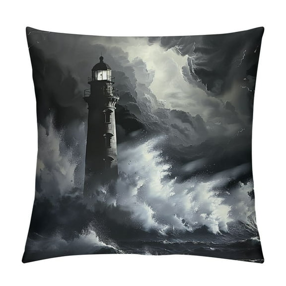 Creowell Pillow Covers Lighthouse Throw Pillows, Black and White Nautical Storm Outdoor Pillowcase Ocean Wave Seascap Cushion Case Decor for Home Sofa Couch Bed White