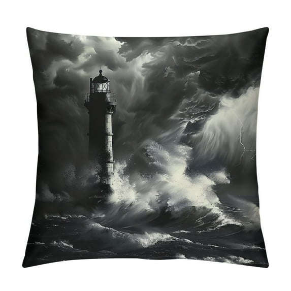 Creowell Pillow Covers Lighthouse Throw Pillows, Black and White Nautical Storm Outdoor Pillowcase Ocean Wave Seascap Cushion Case Decor for Home Sofa Couch Bed PC-049 White