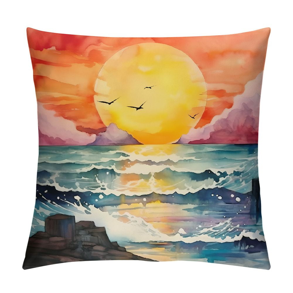 Creowell Pillowcase Abstract Beach Watercolor Sunset Beach Picture