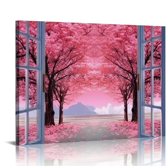 Creowell Pink Cherry Blossom Wall Art Window View of Flowers Path Scenic Canvas Prints Picture for Living Room Romantic Bedroom Decor Trees Forest Landscape Painting Home Decor 20x16 in/16x12 in