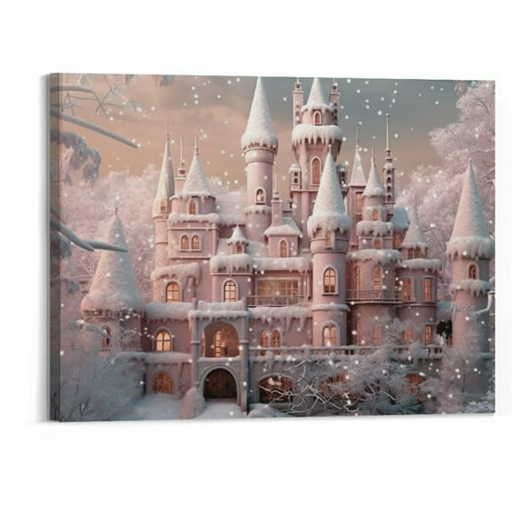 Creowell Pink Christmas Modern Art Wall Decor for Living Room/Bedroom, Pink Xmas House Winter Snowflake Canvas Art Painting Framed Ready to Hang 20x16 Inch