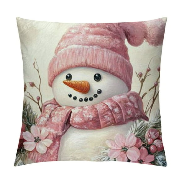 Creowell  Pink Christmas Pillow Covers Farmhouse Xmas Decorations Snowman Joy Floral Merry Winter Holiday Decor Throw Cushion Case for Home Couch 22x22in
