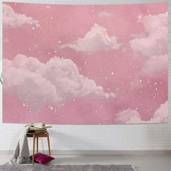 Creowell Pink Cloud Tapestry for Bedroom Decor, Aesthetic Home Decorations for Backdrop, Cute White Heaven Sky Tapestries, Wall Hanging for Teen Girls College Dorm, Living Room, Ceiling 60x50inch