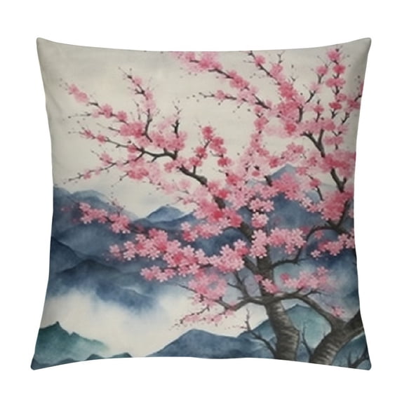 Creowell Pink Flowers Mountain Pillow Cushion Covers Short Plush Aesthetic Decorative 1PC 12x12in