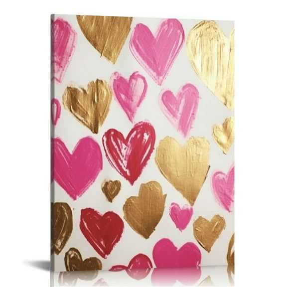Creowell  Pink And Gold Canvas Wall Art Heart Artwork Pink Aesthetic Abstract Love Paintings Colorful Heart Prints Funky Heart Picture Pink Artwork Preppy Pink And Gold Wall Art Decor 12x16 in