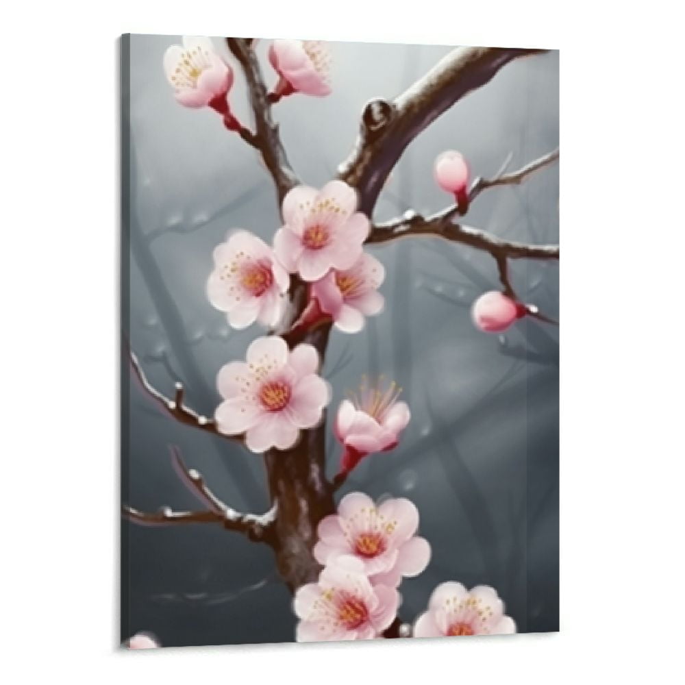 Creowell Pink and Grey Flower Wall Art Plum Blossom Tree Branches Painting Printed on Canvas