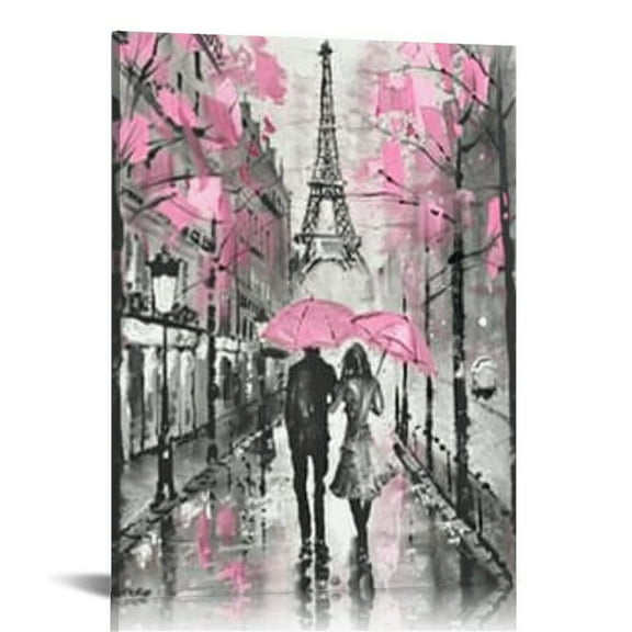 Creowell Pink Paris Eiffel Tower Lovers Holding Umbrellas Pink Artwork Landscape for Living Room Wall Art Poster Print Canvas Painting Pink Theme Girls Room Decor Framed (16x20 in/12x16 in)