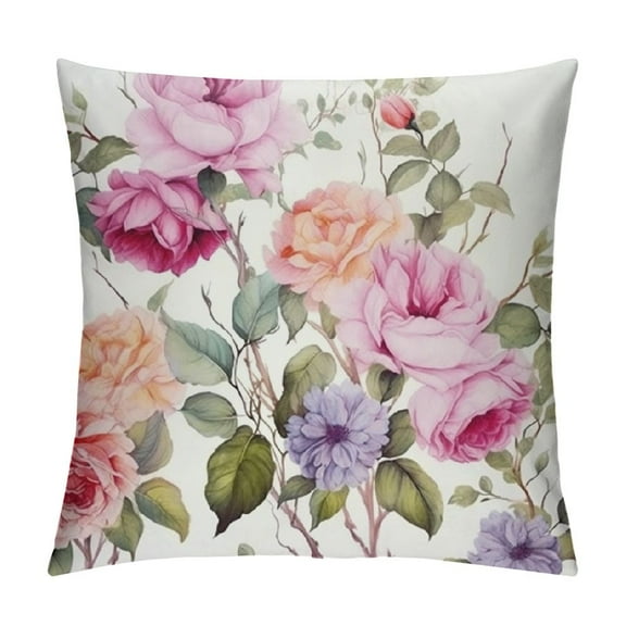 Creowell  Pink Rose Throw Pillow Covers Flower Watercolor Floral Spring Blooming Green Leaves Square Pillow Cases for Decorative Cushion Bed Couch Sofa Colourful