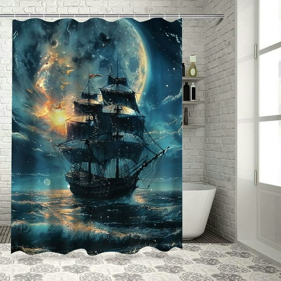 Creowell Pirate Ship Shower Curtain Nautical Sailboat Sailing Ocean Adventure Full Moon Cloudy Night Sky Polyester Fabric Bathroom Decor Curtains Set with Hooks 36x72
