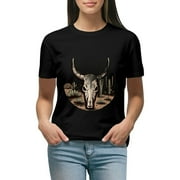 Creowell Plus Size Women's Cow Print Bull Skull Graphic Tees Short Sleeve T-Shirt Black