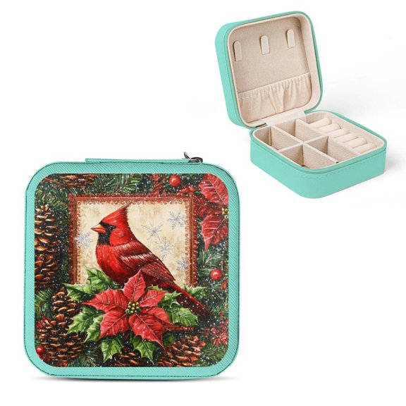 Creowell Poinsettias Pine Cones Travel Jewelry Case Organizer for Necklace, Ring, Earring - Compact Size, Multiple Storage Spaces, Zipper Closure Green