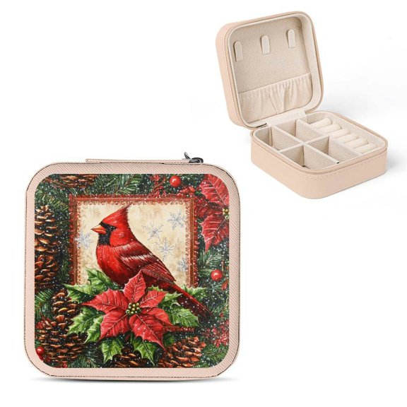 Creowell Poinsettias Pine Cones Travel Jewelry Case Organizer for Necklace, Ring, Earring - Compact Size, Multiple Storage Spaces, Zipper Closure Pink