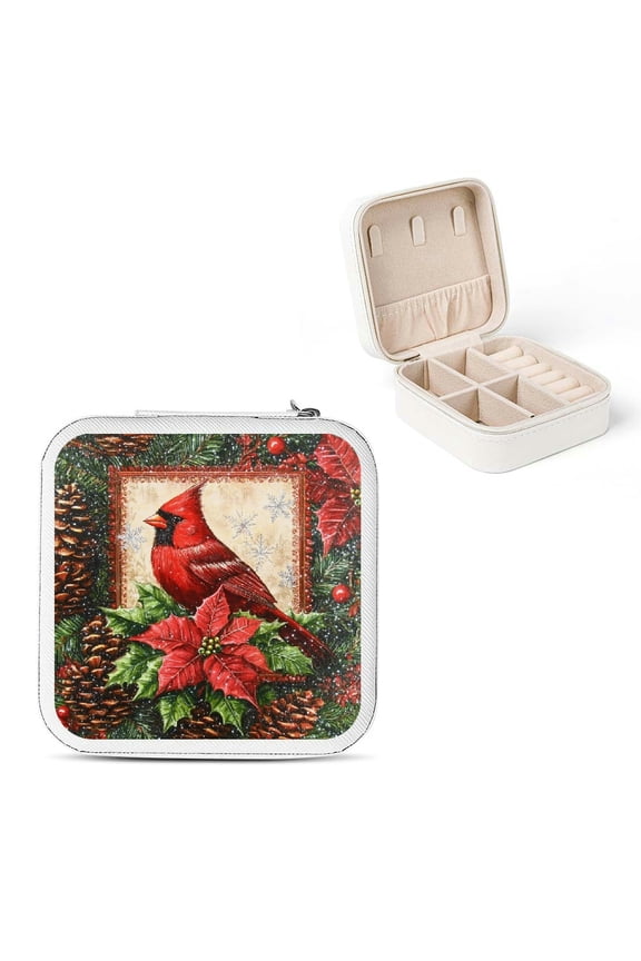 Poinsettias Pine Cones Travel Jewelry Case Organizer for Necklace, Ring, Earring - Compact Size, Multiple Storage Spaces, Zipper Closure White