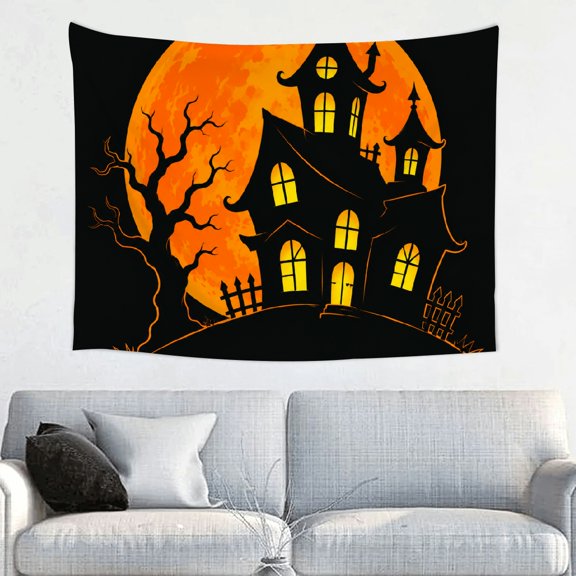 Creowell  Polyester Fabric Wall Hanging Decor, Glowing Haunted House Full Moon Silhouette Print  Bedroom Dorm Living Room Office Apartment Home, Printed Tapestry Wall Hanging