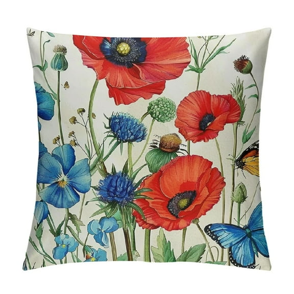 Creowell  Poppy Floral Pillow Covers Spring Red Flowers Gifts Decorative Throw Pillow Cases Outdoor for Sofa Couch Bar Club Valentines Day Decor