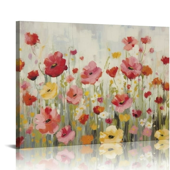 Creowell Poppy Flower Wall Art, Colorful Blossom Flowers Canvas Print Paintings Modern Pink Yellow Floral Landscape Pictures Wall Decor Framed Artwork for Living Room Bedroom Decor 20x16 in/16x12 in