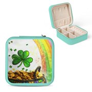 Creowell Pot of Gold Coins Rainbow Shamrock Small Jewelry Box for Women Necklace Ring Earring Organizer Travel Size Green