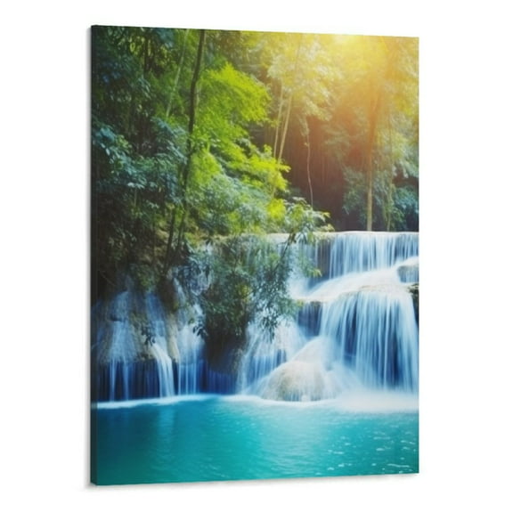 Creowell  Print Wall Art Painting Pictures Landscape Beautiful Waterfall Rainforest Erawan 16x20 Inch Artwork Modern Nature Forest Framed Canvas Poster Decor for Living Room Bedroom Bathroom