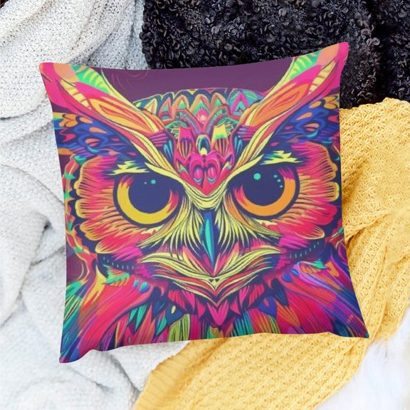 Creowell Psychedelic Owl Pillow Cushion Case for Home Sofa Couch 24x24in