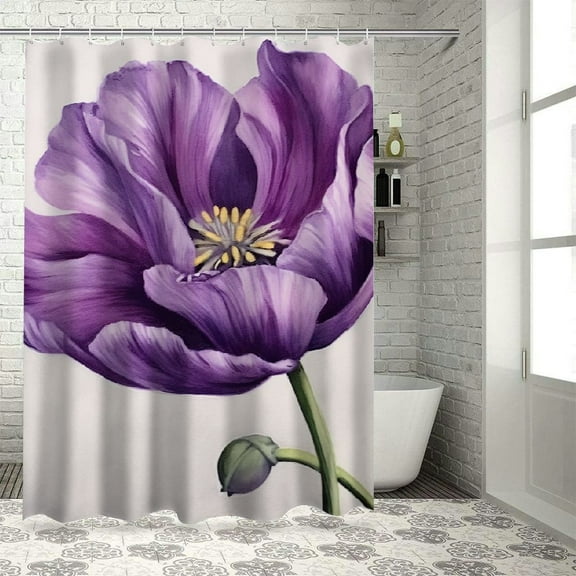 Creowell Purple Flower Modern Waterproof Bathroom Shower Curtain Set with Hooks, Country Cottage & Farmhouse Decor, 100% Polyester Fiber, Various Sizes 36x72