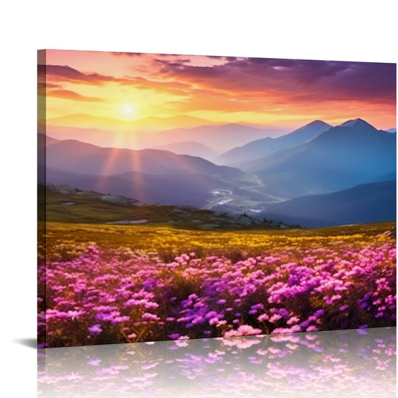 Creowell Purple Mountain Fall Canvas Wall Art Landscape Picture Prints Modern Painting, Wildflowers Scenery Artwork Framed 20x16 in/16x12 in for Living Room Bedroom Bathroom Home Office Wall Decor