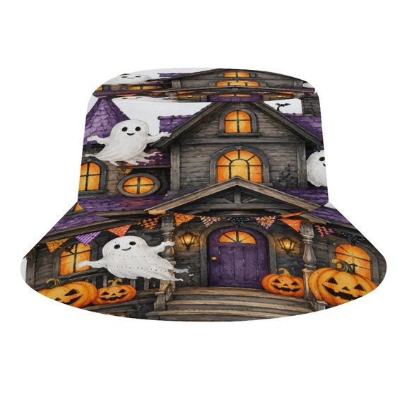 Creowell Purple Roof Haunted House Ghost Pumpkin Bat Bucket Hat, Soft, Printed, Packable Fisherman Sun Hat for Beach Travel Hiking Vacation, Sun Hat for Women Men,