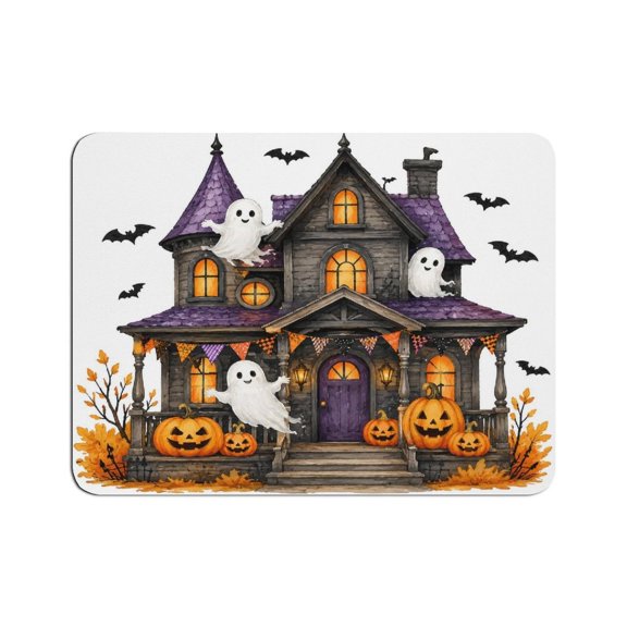 Creowell Purple Roof Haunted House Ghost Pumpkin Bat Mouse Pad, Square Smooth Surface Desk Mat, Stitched Edge for Office, Laptop, Computer, Home,