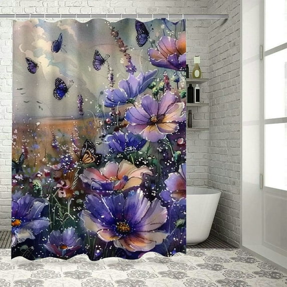 Creowell Purple Shower Curtain, Picturesque Cottagecore Style Flowers Meadow Monochromatic Pastel Tones, Cloth Fabric Bathroom Decor Set with Hooks, Lilac Lavender Quartz White