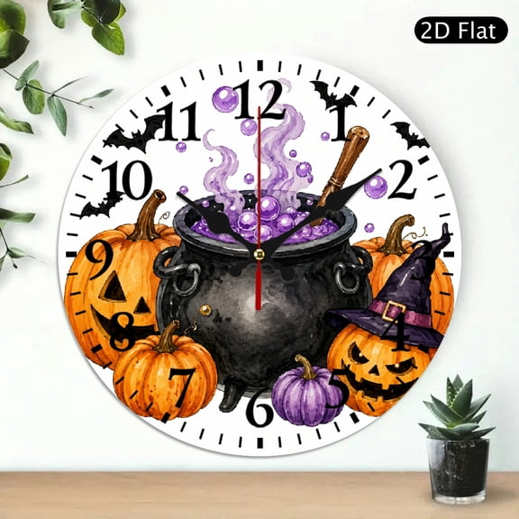 Creowell Purple Smoke Cauldron Pumpkin Witch Hat Bat Silent Non Ticking Round Wall Clock Battery Operated (AA Not Included), Silent Mechanical Movement Lobby Corridor Dining Room Bedroom Office