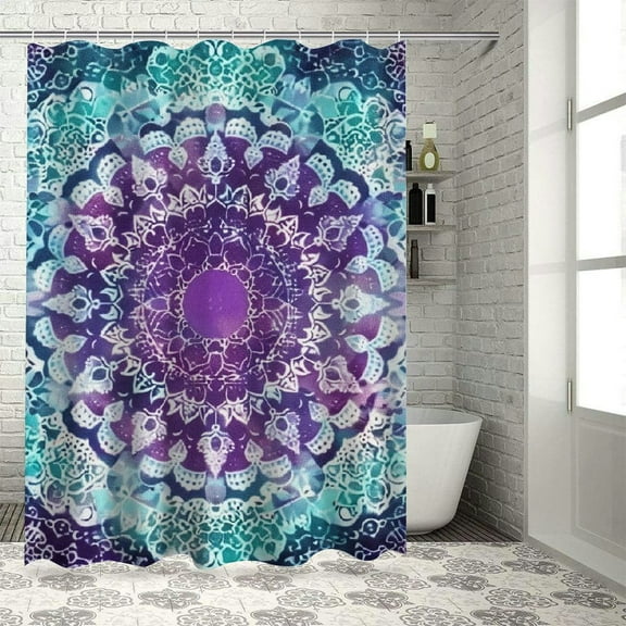 Creowell Purple and Turquoise Shower Curtain, Hippie Ombre Mandala Inner Peace and Meditation with Ornamental Art, Cloth Fabric Bathroom Decor Set with Hooks, Purple Aqua White