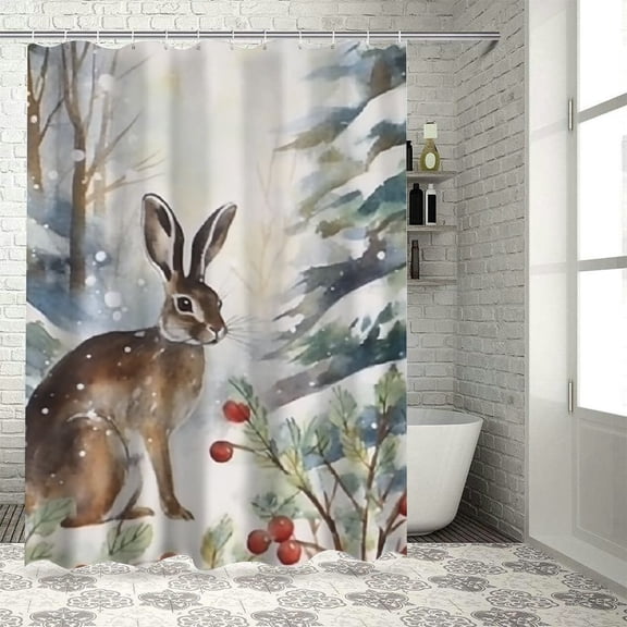 Creowell Rabbit Snow Pine Tree Modern Waterproof Shower Curtain Set with Hooks, Sustainable Polyester Fiber Fabric, Bathroom Decor for Country Cottage & Farmhouse, Various Sizes 69x72