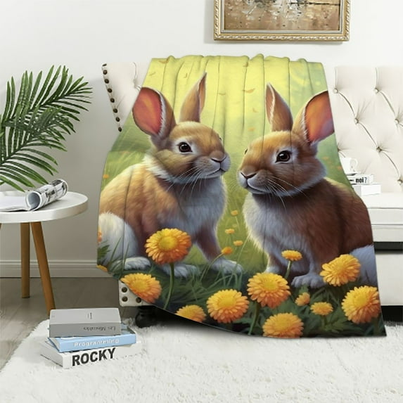 Creowell Rabbits Flowers Butterfly Print Throw Blanket Soft Plush Blanket for Bed Couch Car Kids Adults All Seasons 50x60in