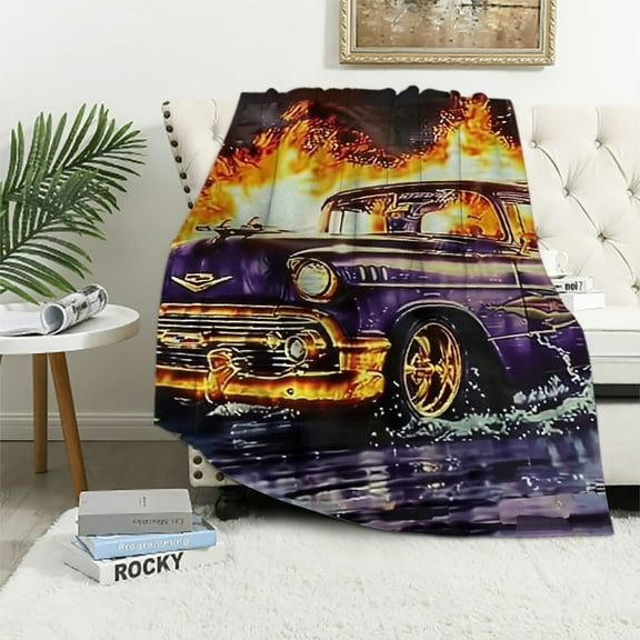 Creowell Race Car Throw Blanket, Illustration of a Single Classic Hot Rod Muscle Car with and a Engine, Flannel Accent Piece Soft Couch Cover for Adults,Purple Turquoise White 60x80in