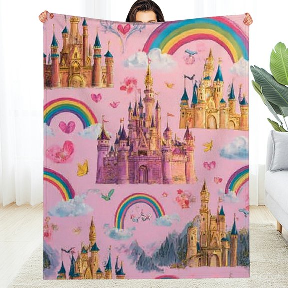 Creowell Rainbow Castle Blanket Baby for Girls,Princess Cartoon Tales Throw Blanket for Kids,Cute Stars Galaxy Print Bed Blankets,Colorful Butterfly Cloud Love Heart Fuzzy Blankets 60*80in