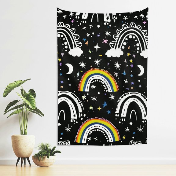 Creowell Rainbow Pattern Stars Moon Tapestry 100% Polyester Wall Art 40*60in