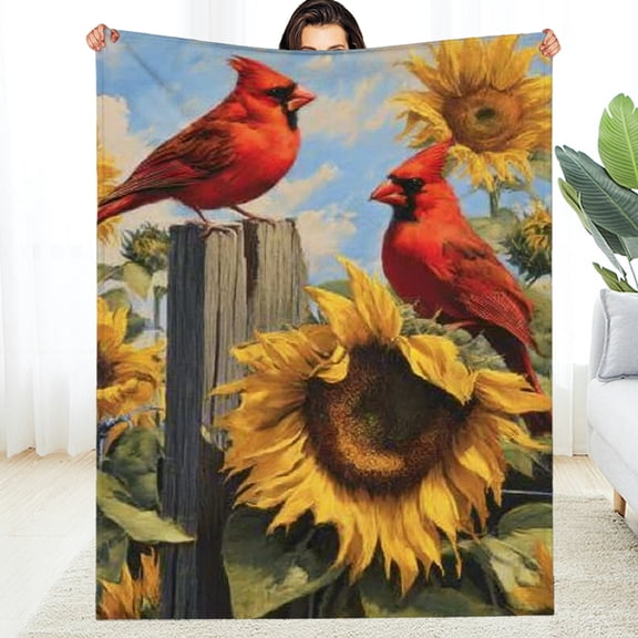 Creowell Red Cardinal Sunflower Blanket Gifts for Women Floral Birds Throw Blankets Soft Comfy Lightweight for Home Decor Couch Bed Sofa   30*40in
