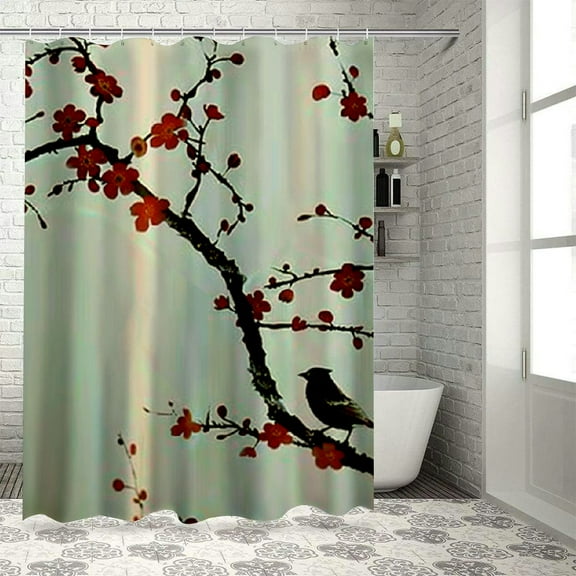 Creowell Red Floral Cherry Blossom Shower Curtain for Bathroom Bird Spring Blossoming Plum Asian Japanese Flower Bathtub Decor Plant Hummingbird Aesthetic Waterproof Polyester Fabric White