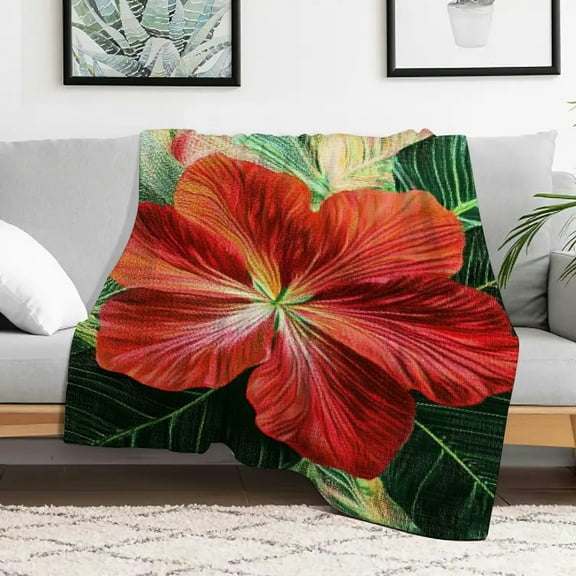 Creowell Red Flower Green Leaves Flannel Blanket for Couch Bed Sofa 30x40in