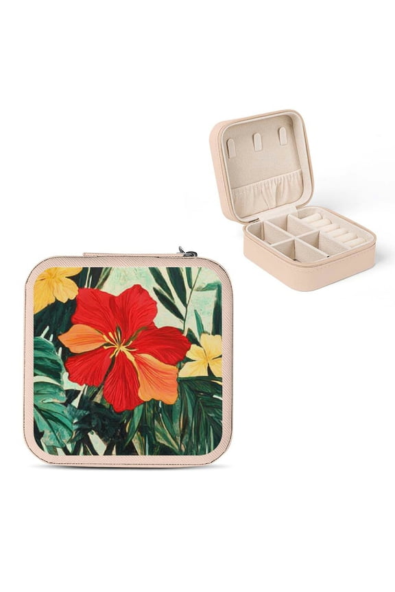 Red Flower Green Leaves Yellow Flower Jewelry Box Travel Case Pink