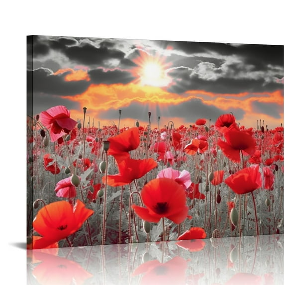Creowell Red Poppy Flowers Wall Art Poppy Pictures Wall Decor Red Flower Painting Black and White Red Wall Art Poppy Canvas Painting Modern Floral Artwork for Bathroom Office Bedroom 20x16 in/16x12 in