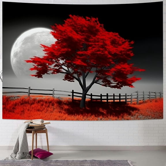 Creowell Red Tree Moon Tapestry Wall Hanging Short Plush Fabric Lightweight Easy to Hang Multi-functional Home Decor 40x30inch