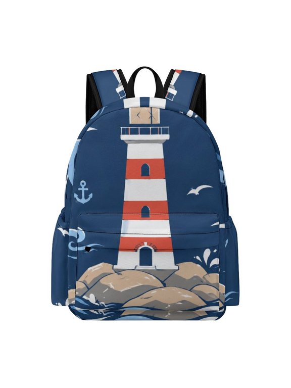Red White Lighthouse Marine Theme Printed Oxford Backpack,  Large Capacity Laptop Backpack, Water Resistant, Travel Daypack for College Work Commuting Adults, 42x30x15cm