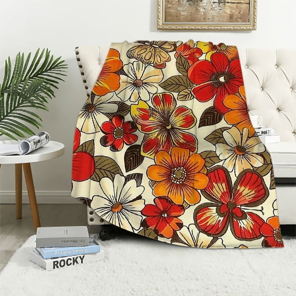 Creowell Retro 60S 70S Floral Flannel Blanket,Vintage Flowers Throw Blanket,Colorful 60s 70s Style All Season,Bed Blanket Orange and Red for Kids Girls
