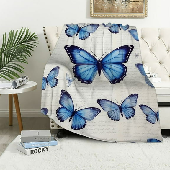 Creowell Retro Butterfly Throw Blanket for Women Girls Blue Butterflies with Vintage Text Soft Blankets for Bed Couch Sofa Butterfly Blanket for Adults Teen Kids Birthday